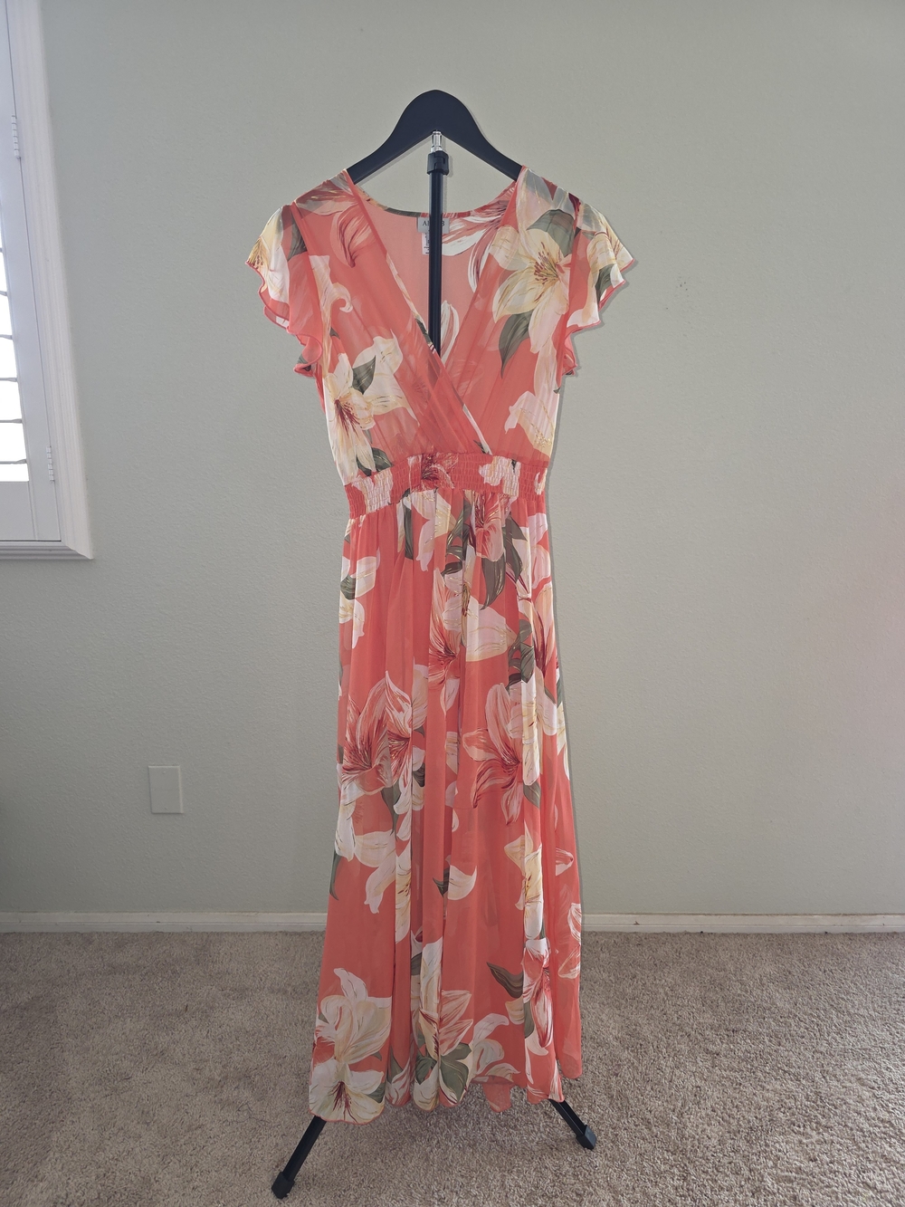 Floral Coral V-Neck Maxi Dress